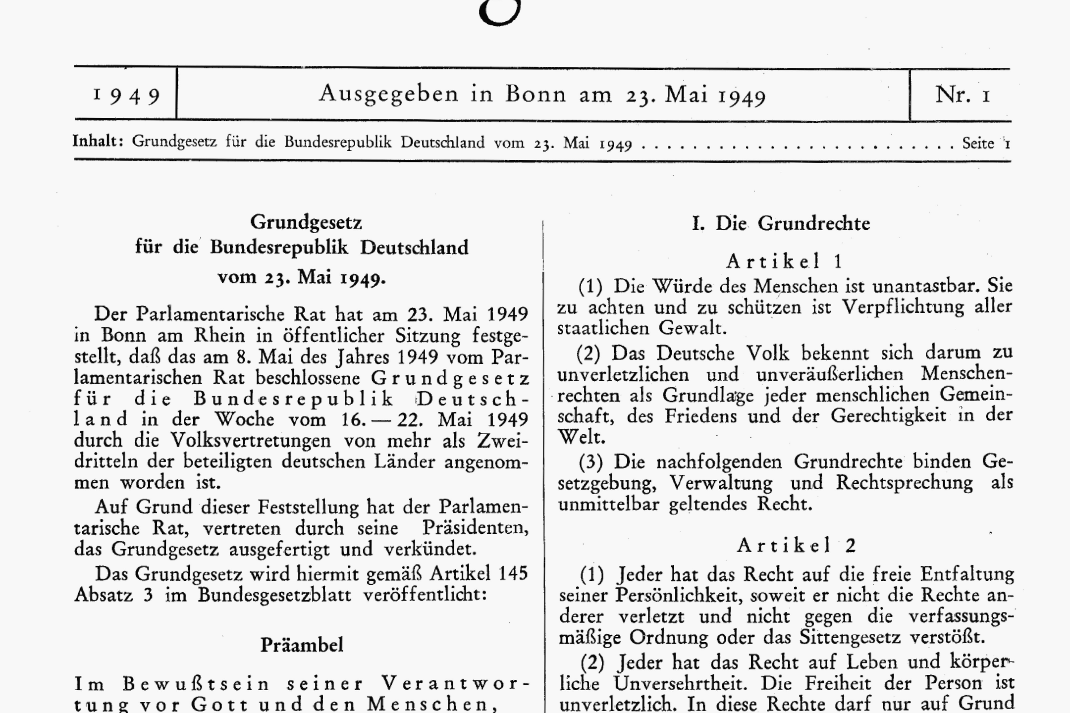 Veröffentlichung des Grundgesetzes auf Seite 1 der ersten Nummer des Bundesgesetzblattes