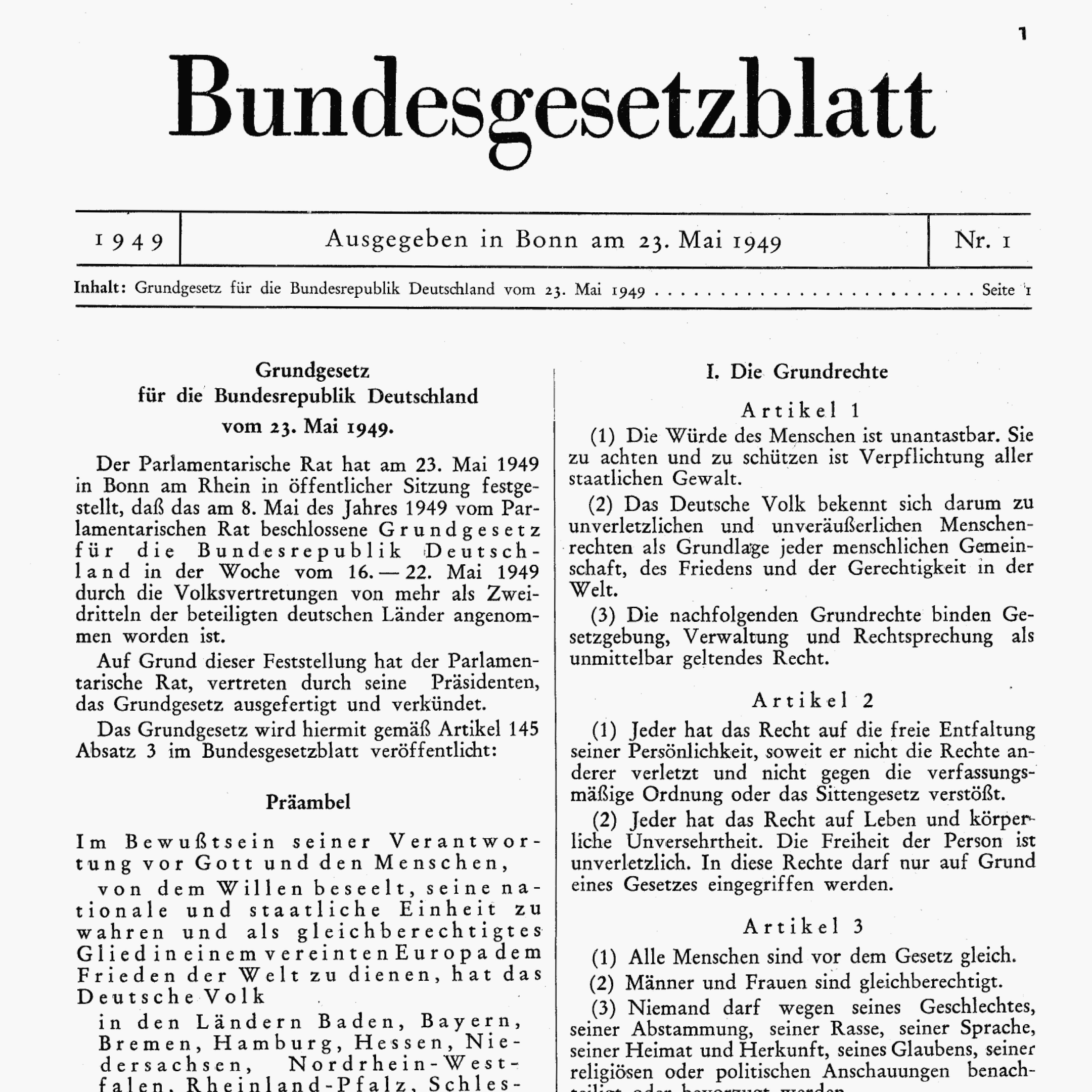 Veröffentlichung des Grundgesetzes auf Seite 1 der ersten Nummer des Bundesgesetzblattes